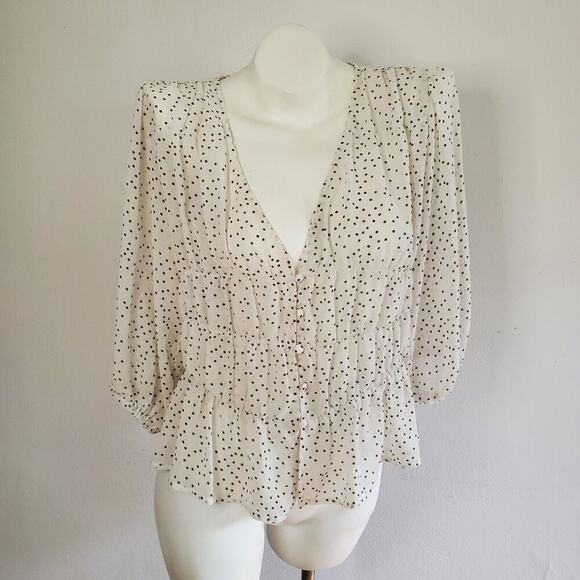 Retro Girl Blouse Sheer Polka Dot Puff Sleeve Smocked Waist Boho Preppy - Picture 4 of 14